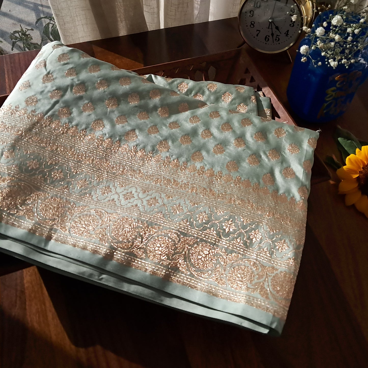 Mint Green Pastel Banarasee Katan Silk