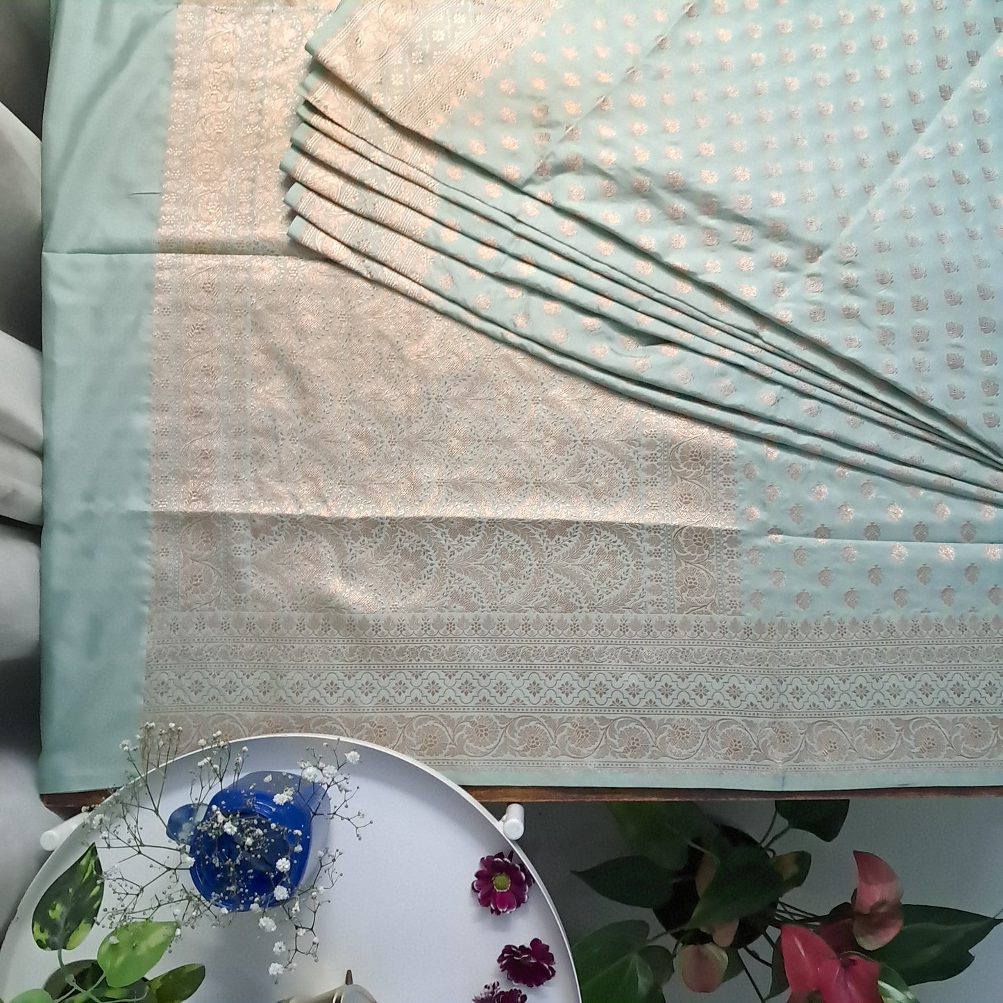 Mint Green Pastel Banarasee Katan Silk