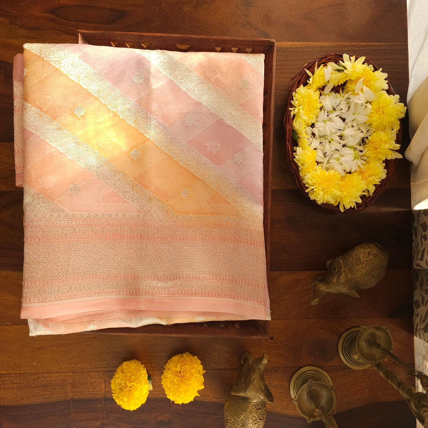 Peach and lavender pure tissue silk with zari