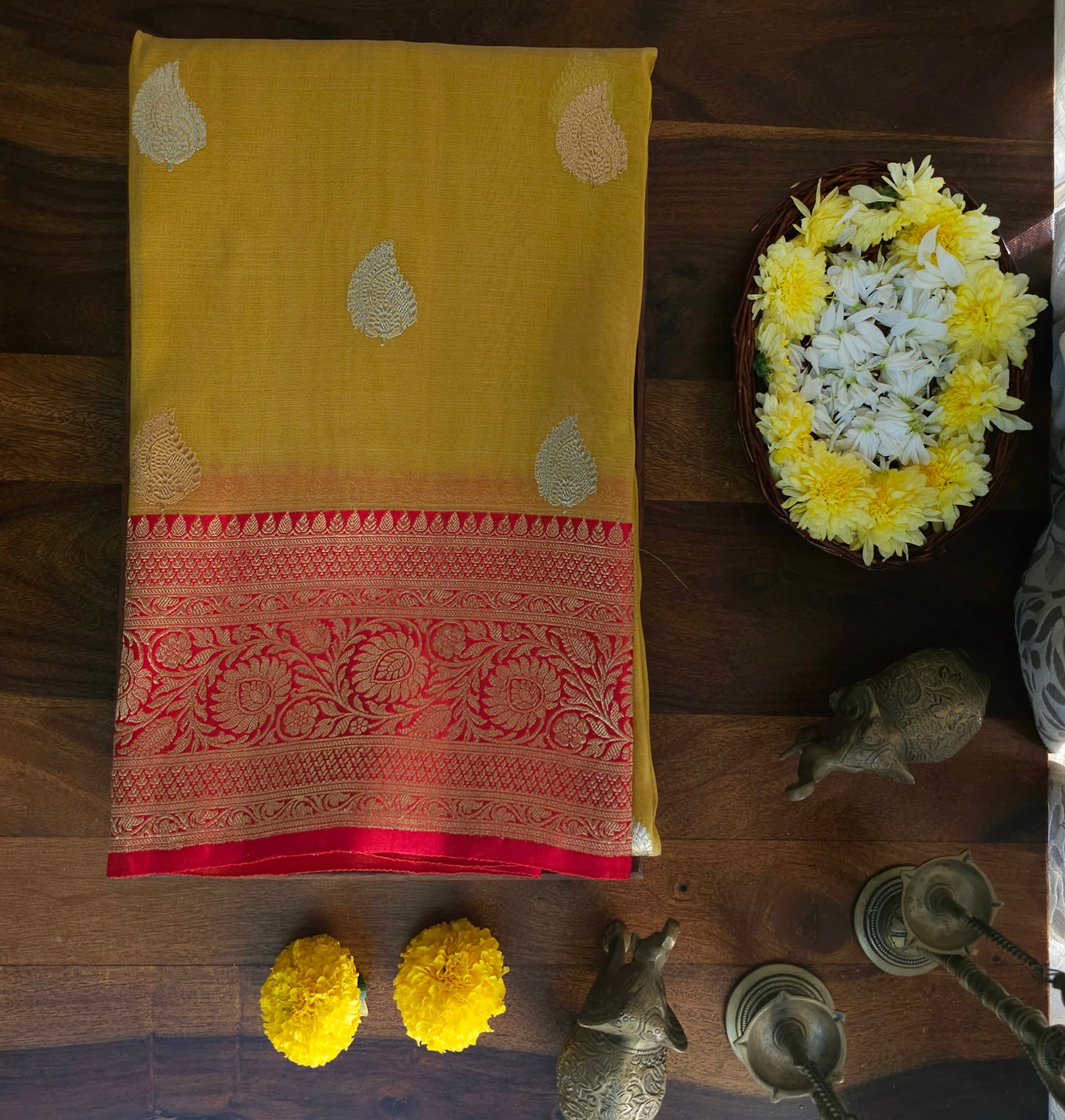 Yellow Pure Tissue silk with Heavy Zari Border