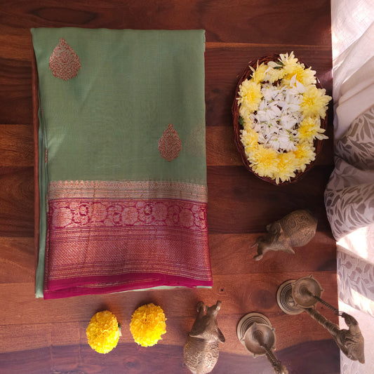 Teal Pure Tissue silk with antique border