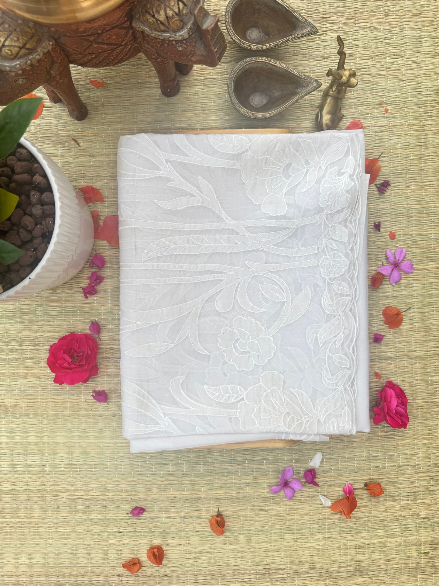 White Embroidered pure Organza Saree