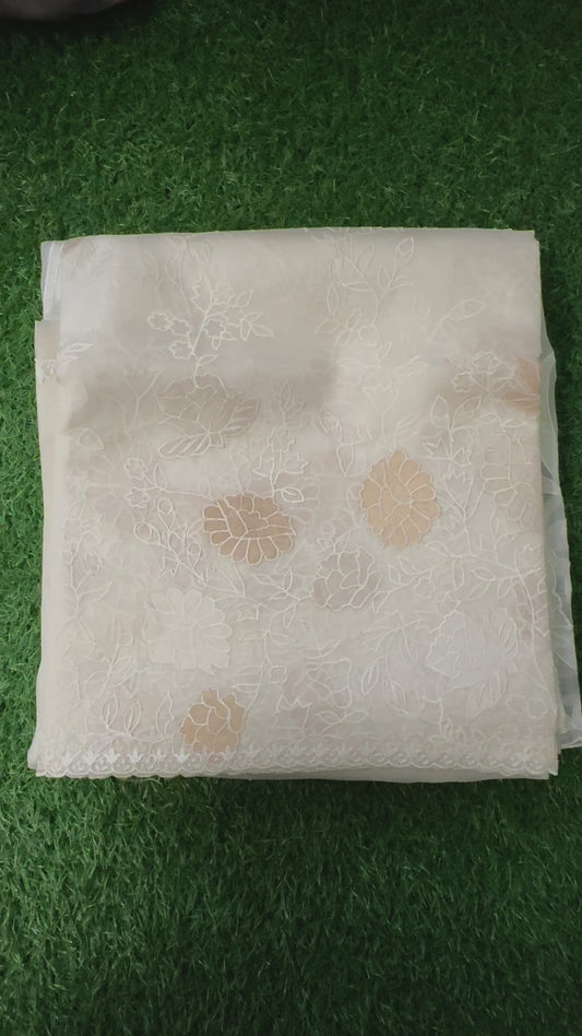 White and Gold Embroidered pure Organza Saree