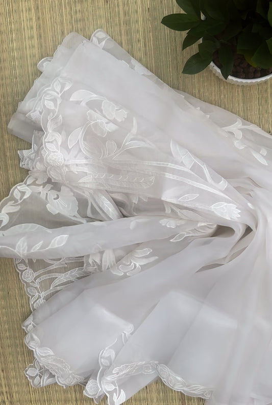 White and Gold Embroidered pure Organza Saree